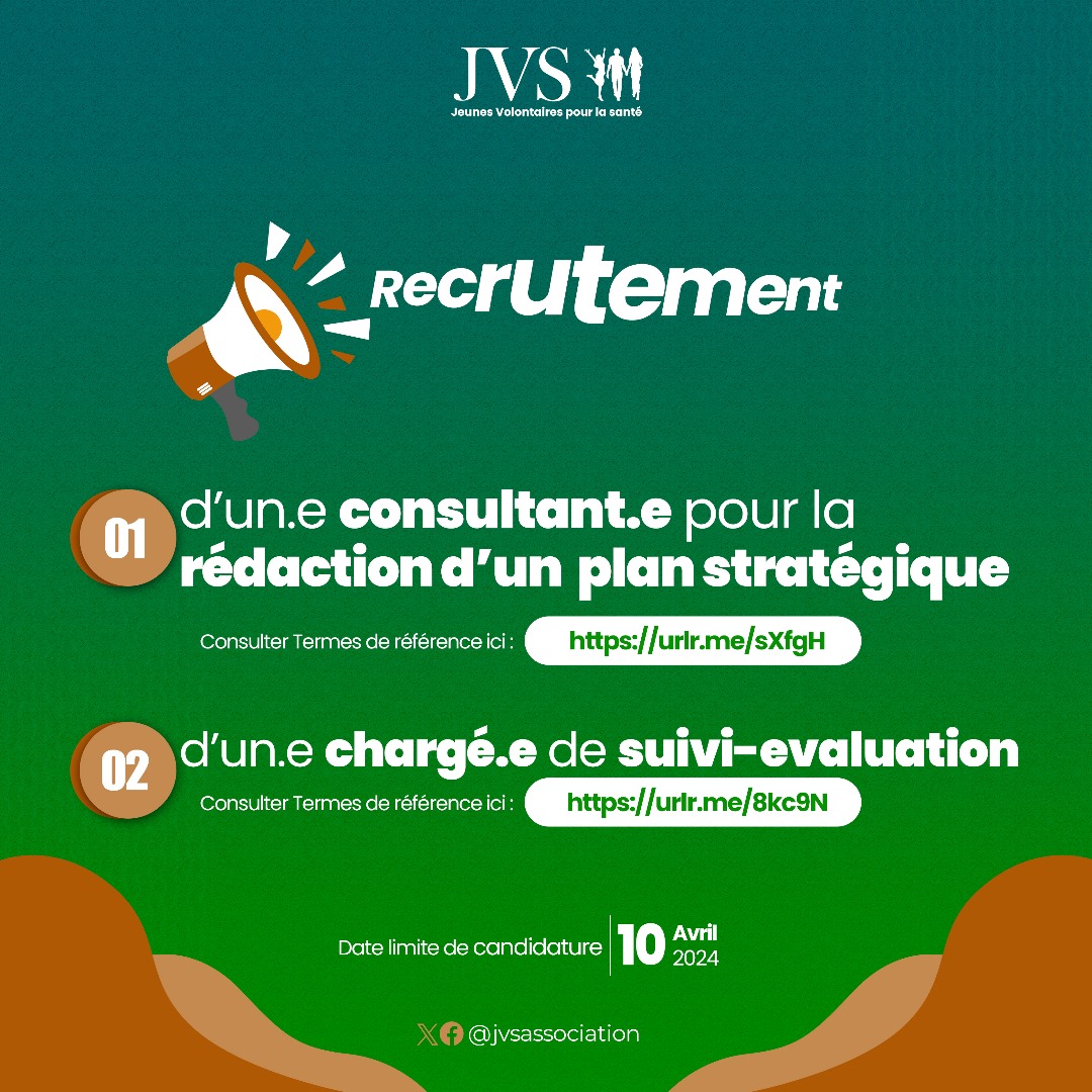 JVS recrute un.e chargé.e de suivi-évaluation et un consultant pour la rédaction d’un plan stratégique